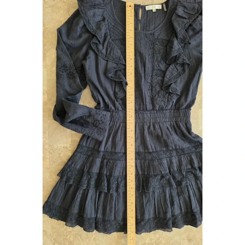 LoveShackFancy Black Lace Ruffle Mini Dress Long Sleeve Tiered Boho Womens Sz M - Picture 6 of 14